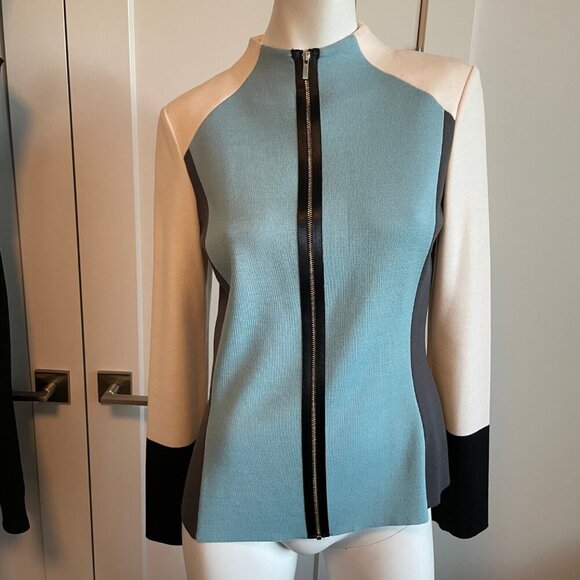 St. John Colorblock Full Zip Wool Rayon Knit Cardigan Blue Cream Grey Blk Sz 4 - Picture 2 of 12